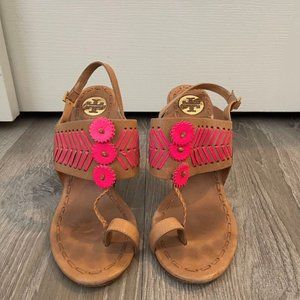Tory Burch flower floral brown leather heeled sandals sz 8